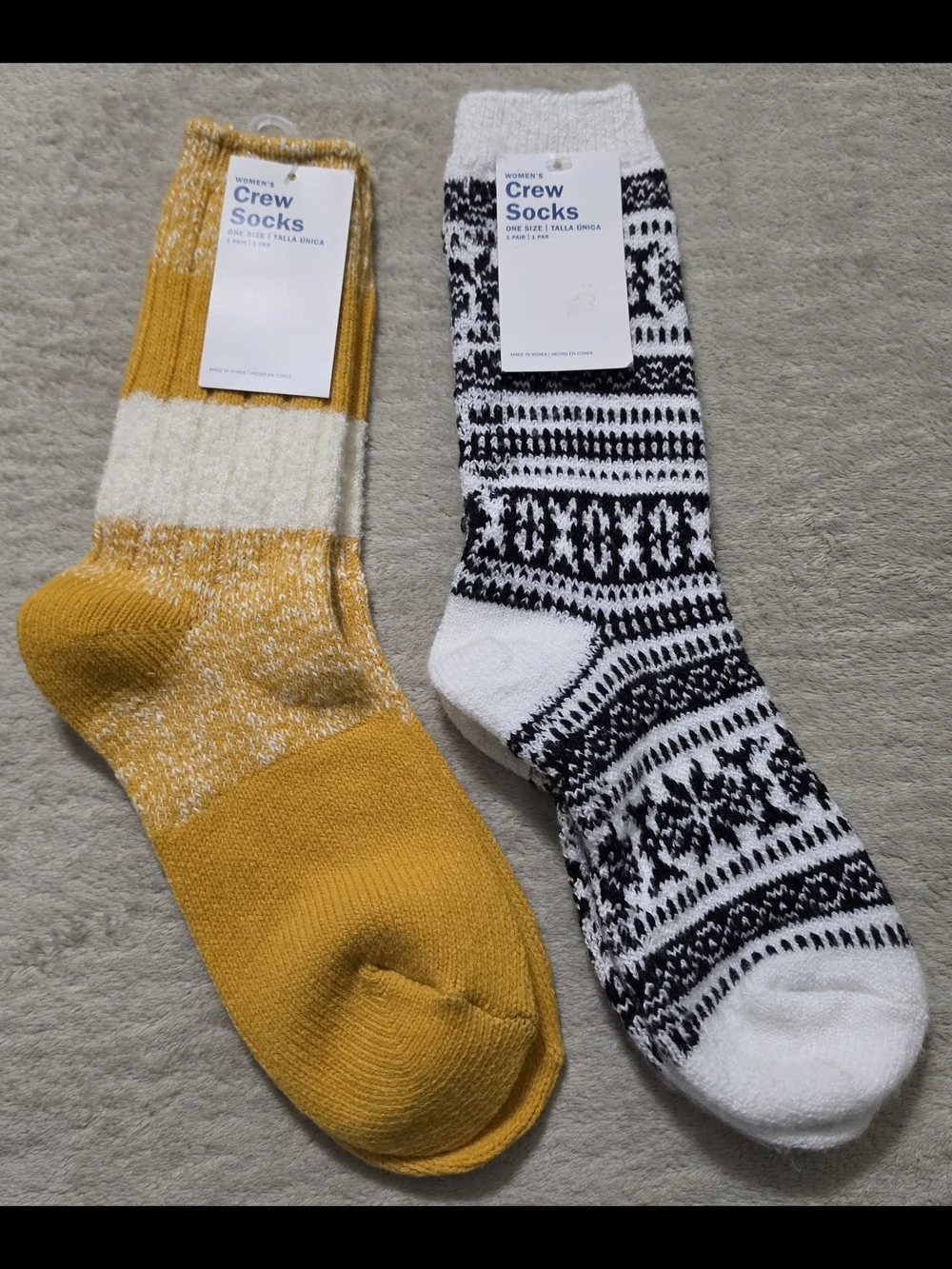 2 Pair Old Navy Women's Crew Socks - Mustard Yellow & Black/White Fair Isle Pair